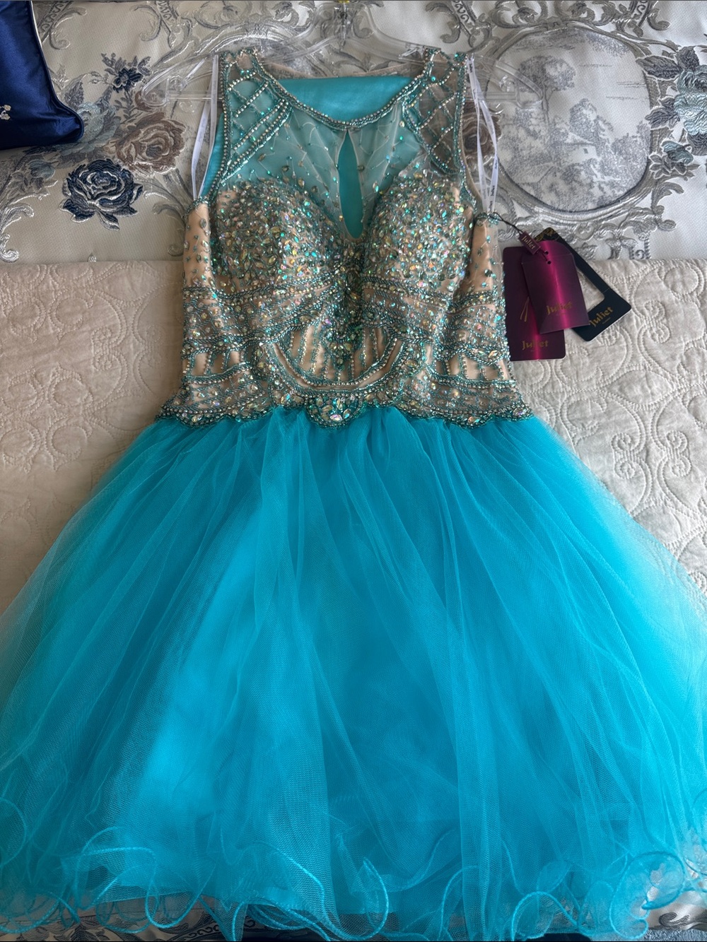 Beaded Teal Prom Dress with Tulle Skirt